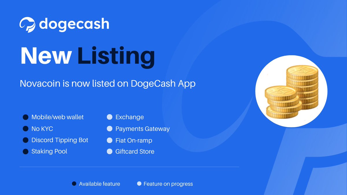 We are pleased to announce that <a href="/Novacoin_NVC/">Novacoin</a> ( $NVC) is now listed on the DogeCash App.
 
Download it on the Android or Apple store or try our browser version.

Browser
app.dogecash.net/auth/login

Play Store
play.google.com/store/apps/det…

Apple Store
apps.apple.com/app/dogecash-a…

#crypto