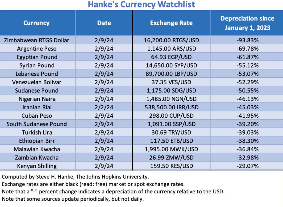 Ekonomi profesörü Steve Hanke'nin paylaştığı '#CurrencyWatchlist: En Zayıf Para Birimleri' Raporu'na göre, Türk Lirası 12. sırada yer aldı.