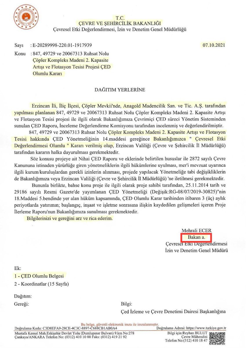 📝☣️ 9 işçiye mezar olan Anagold (Çöpler) Madeni'nde kapasite artışı Murat Kurum'un Çevre ve Şehircilik Bakanı olduğu dönemde onaylanmıştı. Bu da belgesi.