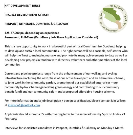 DTAScot's tweet photo. 👇@KPTDevTrust are recruiting! Deadline 23rd of February.

#developmenttrust #jobopportunity #job #dumfriesandgalloway @CommSharesScot @Dtascot_COSS https://t.co/WzR3qP6SU3