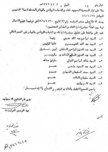 صورة من تشكيل مجلس إدارة النادي بعد عقد الجمعية العمومية بتاريخ 1386/1/29 هـ 
برئاسة الأستاذ #إبراهيم_بن_عبدالله_مديني 
رحمهم الله جميعاً 

وأطال الله في عمر العم #سليمان_المالك والذي كان عضواً حينها وتولى رئاسة النادي خلال الفترة 1994-1996 

#نادي_الشباب 
#شيخ_الاندية_السعودية