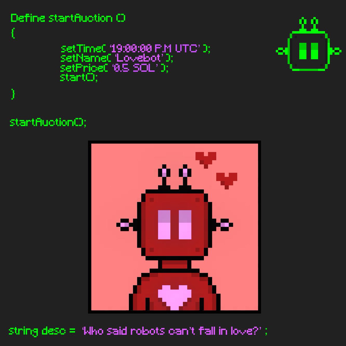 DegenArtificial's tweet photo. Initializing #003 - ‘Lovebot’…

Auction will be live shortly on @exchgART, reserve price 0.5 $sol https://t.co/GraC7Rrdy8