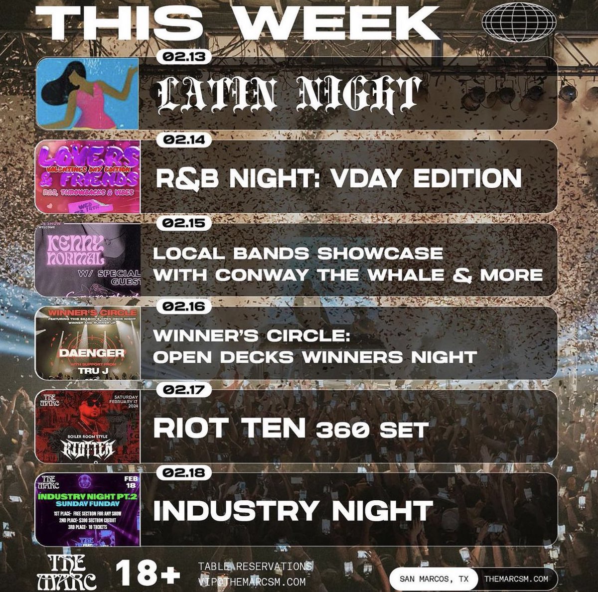 THIS WEEK UPDATED🗣️🗣️
Starting with Fat Tuesday tonight🤩 Lovers and Friends VDAY Party Wednesday❤️‍🔥 local bands on Thursday🎸 Open Deck Winners night Friday👀 <a href="/riottenmusic/">RIOT TEN</a> on Saturday🤘🏻and  ending the week Industry Night Sunday
Check the link in our bio for more information‼️🎟️
