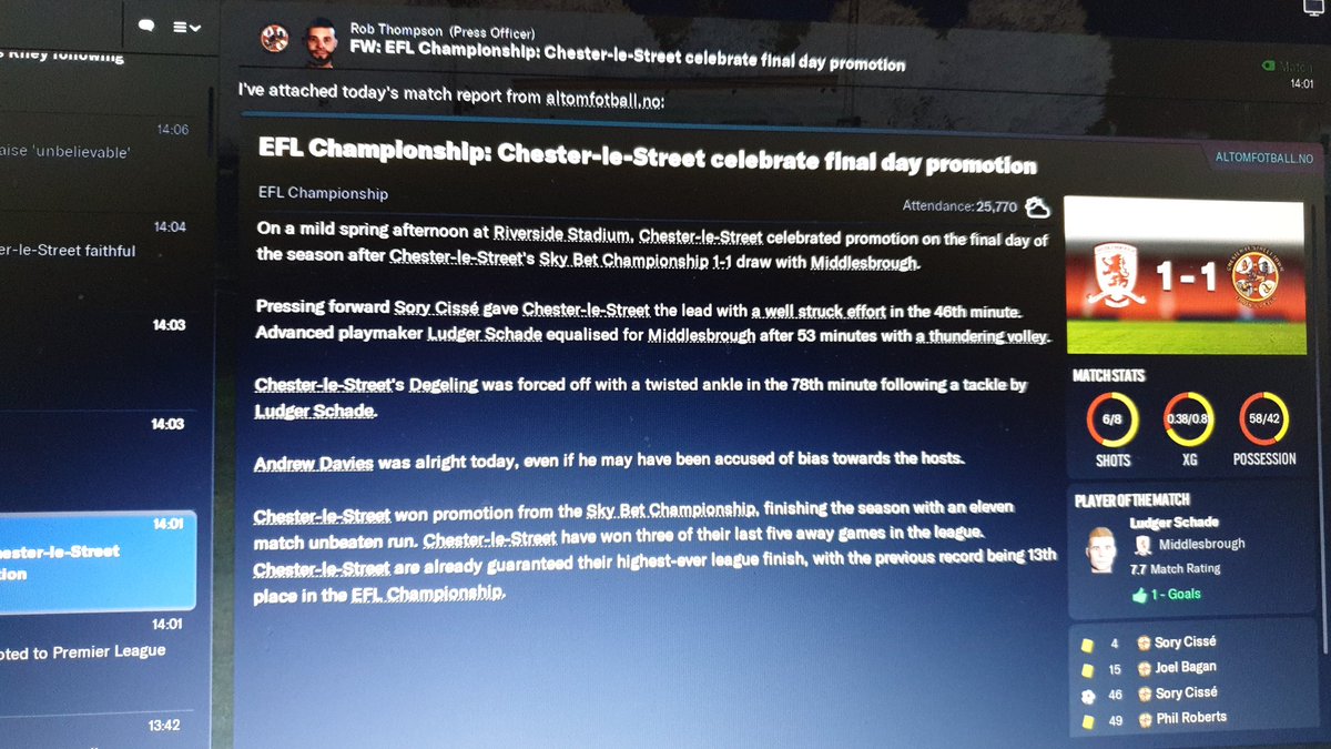 Jimtoon1982's tweet photo. @CestrianTweet after over a year on my #fm23 save, its promotion to the Premier for the Cestrians plus a new stadium. 🔵⚪🔵⚪🔵 https://t.co/M1ovlnWLFq