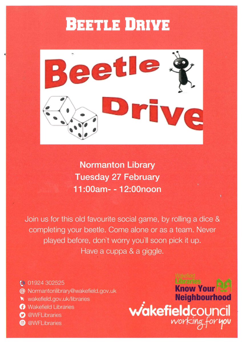 WFlibraries's tweet photo. Some exciting #KnowYourNeighbourhood events happening at #NormantonLibrary Everyone Welcome #BeetleDrive #Gardening #litterpick #Singing #Coffeemorning @MyWakefield https://t.co/ulXBkLHY9q