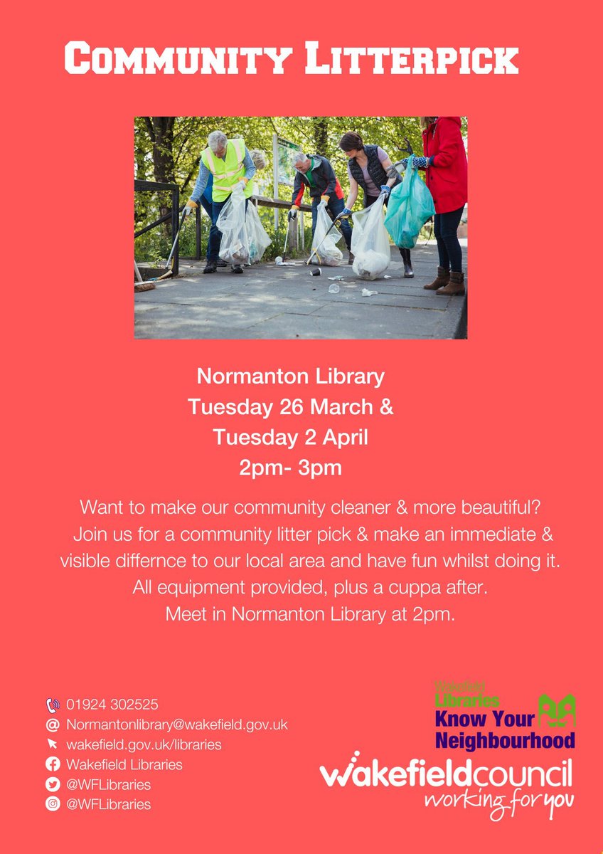 WFlibraries's tweet photo. Some exciting #KnowYourNeighbourhood events happening at #NormantonLibrary Everyone Welcome #BeetleDrive #Gardening #litterpick #Singing #Coffeemorning @MyWakefield https://t.co/ulXBkLHY9q