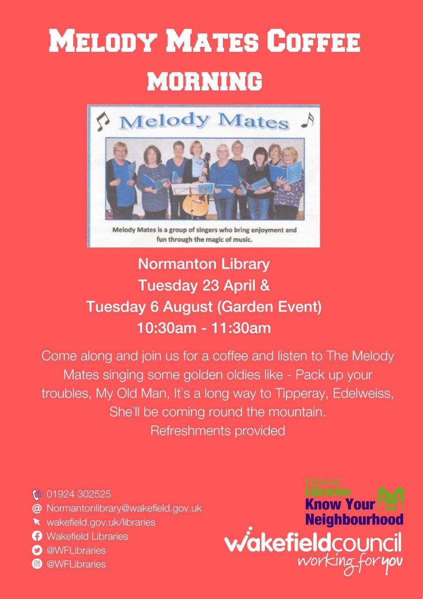 WFlibraries's tweet photo. Some exciting #KnowYourNeighbourhood events happening at #NormantonLibrary Everyone Welcome #BeetleDrive #Gardening #litterpick #Singing #Coffeemorning @MyWakefield https://t.co/ulXBkLHY9q