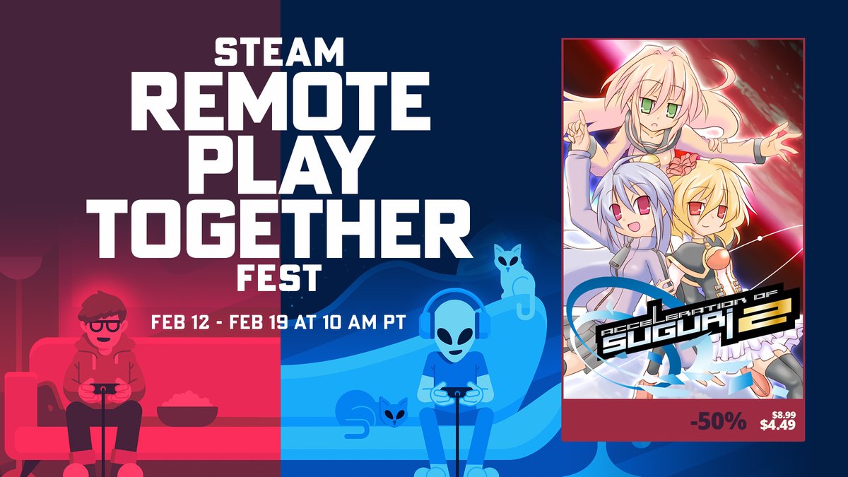 FruitbatFactory's tweet photo. Steam Remote Play Together Fest is live, with select Fruitbat Factory multiplayer titles on sale!
You can now pick up Acceleration of SUGURI 2 for -50%!
https://t.co/8WwE1w8KE2 #AoS2 #STG https://t.co/trwweELx2b