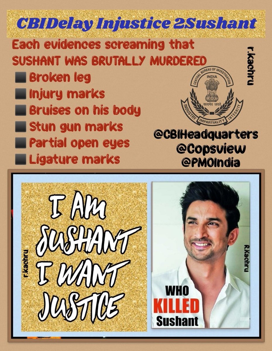 Every evidence screaming SUSHANT WAS BRUTALLY MURDERED #CBI 🔺Broken Leg 🔺Bruises on His Body 🔺Stun Gun Marks 🔺Partial Open Eyes 🔺Ligature Marks 🔺Autopsy loopholes 🔺Time of Death Not Mentioned 🔺No Videography @DrJitendraSingh @aiims_newdelhi CBIDelay Injustice 2Sushant
