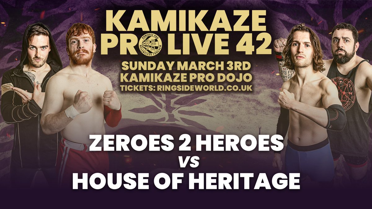 KamikazeProUK's tweet photo. The 2nd Match for #KPLive42 on Sunday March 3rd at @KamikazeProDojo 

@NateReillyPW &amp; @EdgarAdamsPW vs @SawbonesStevens &amp; @KieranMcQueenPW 

Tickets: https://t.co/zoi6fkt05t https://t.co/o9INMdbYl8
