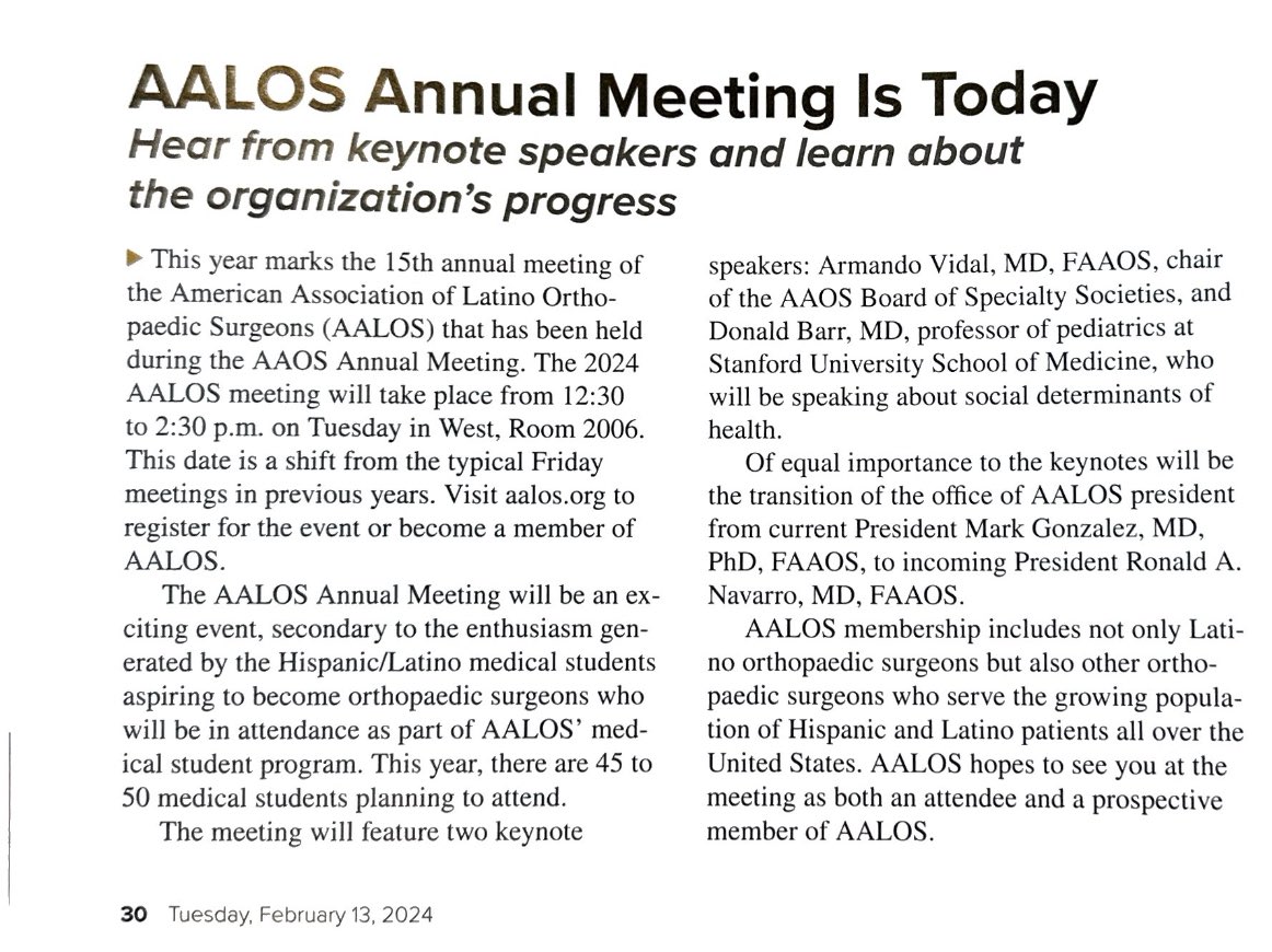 Today’s @aaos_1 now publication couldn’t have said it better. Come to our luncheon today and meet other #ortholatinos at #aaos2024