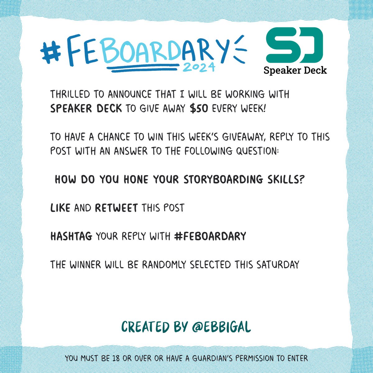 ebbigal's tweet photo. Thrilled to announce that I will be working with @speakerdeck to give away $50 to one lucky #Feboardary participant every week!
Check out the image for details on how to enter https://t.co/Mrjrzk1fFX