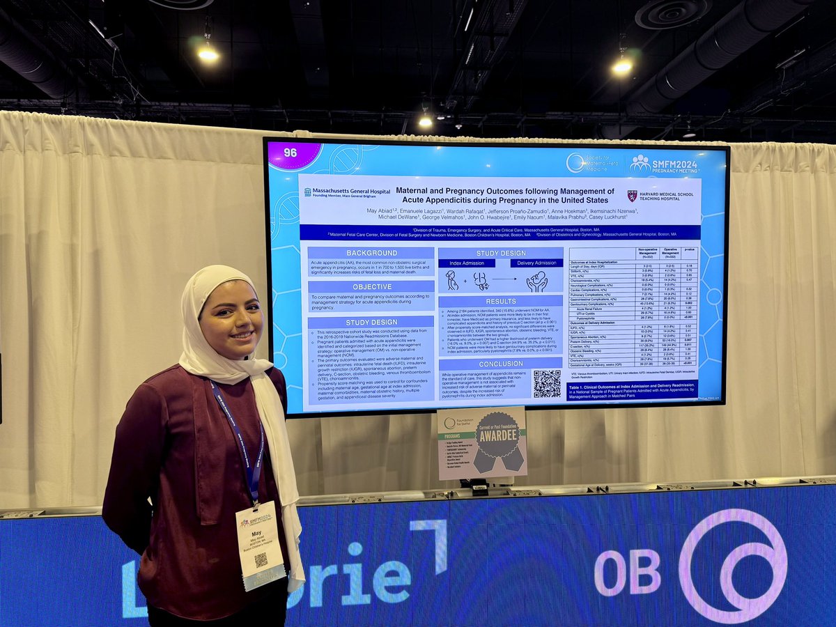 A big shout out to my co-fellow @AbiadMay for her poster presentation at #SMFM2024 @MySMFM 2024 on operative vs. non-operative management of acute appendicitis in pregnancy.