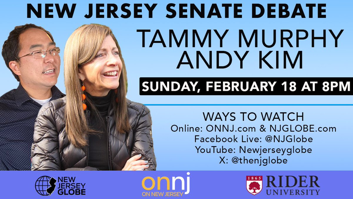 wildstein's tweet photo. 5⃣ Days until the first New Jersey Senate debate between Andy Kim and Tammy Murphy on Sunday, February 18 at 8 PM. https://t.co/Gujr4d7oyD