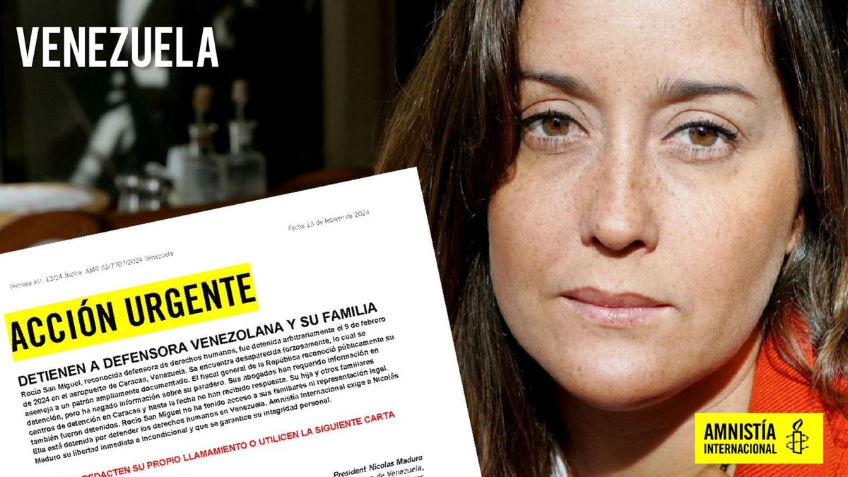 Amnistía Internacional lanza acción urgente mundial por Rocío San Miguel y su familia. 

Amnistía Internacional exige a Nicolás Maduro su libertad inmediata e incondicional y que se garantice su integridad personal.

Actúa acá:

amnesty.org/es/documents/a…

Mayor información