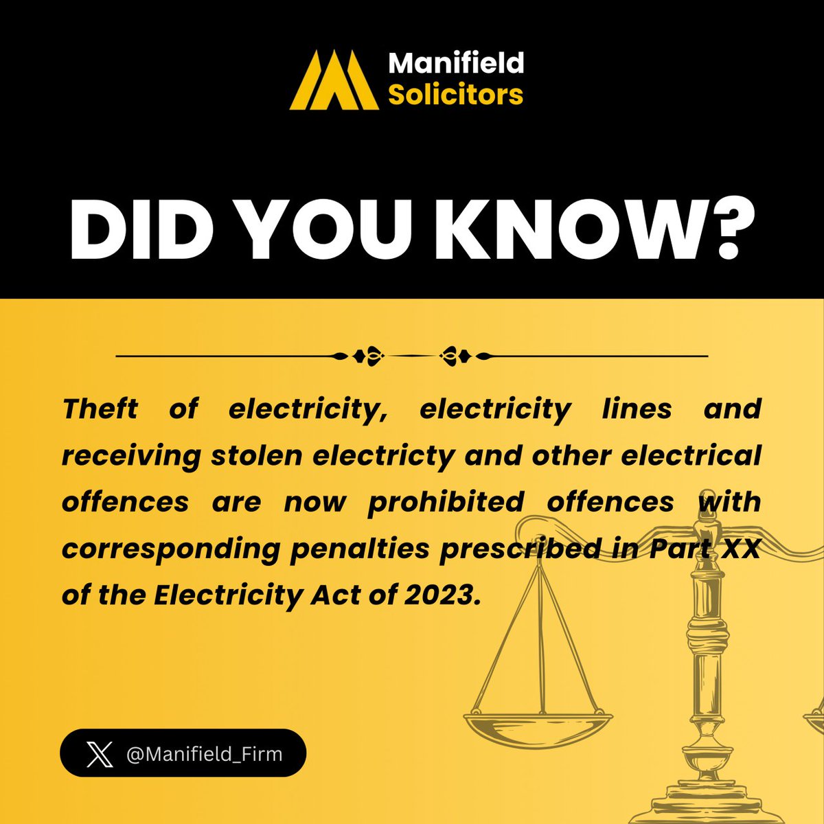 The Electricity Act of 2023 introduces new prohibitions and penalties regarding theft of electricity and related offences. Learn more about how these changes may impact you.

#ElectricityAct #LegalUpdates
#ManifieldSolicitors #LawFirmNews
#LegalAdvice #ElectricityLaw