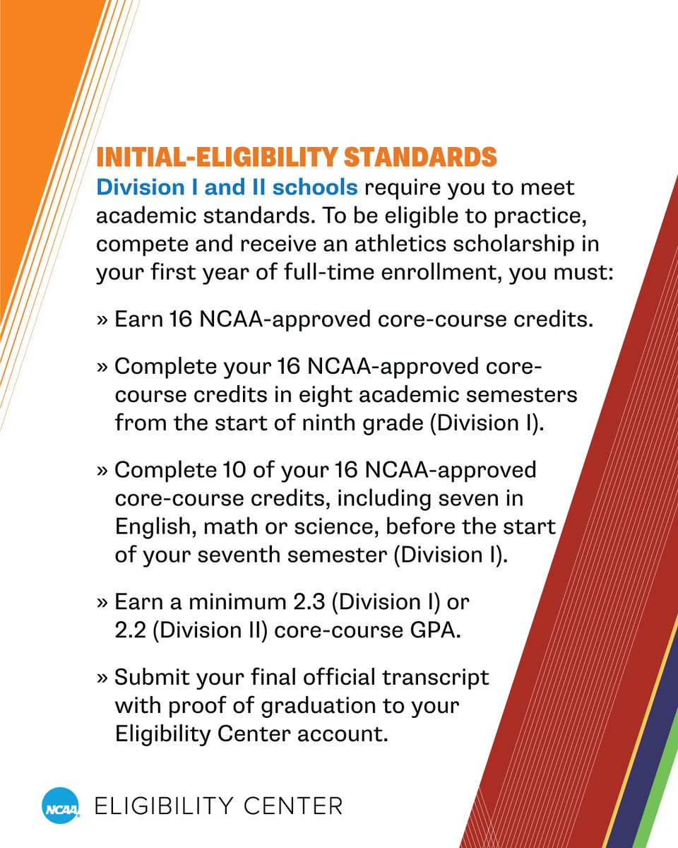 ncaaec's tweet photo. Want to play an @NCAA sport? Learn more about NCAA initial-eligibility requirements.

🔗 https://t.co/8NLKe4Bq7P https://t.co/zBvqLaojuY