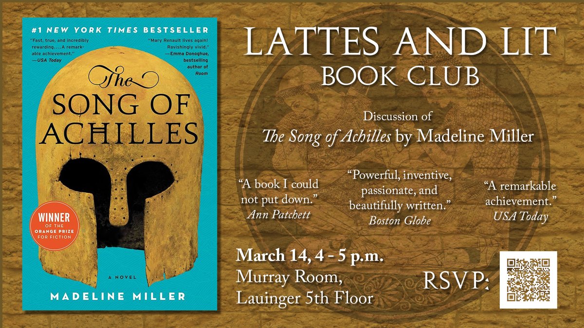 Need some spring reading? Pick up the 2011 bestselling Orange Prize winner 'The Song of Achilles' now and you'll be ready to join in a special discussion with the Lattes and Lit Book Club on March 14. RSVP here: docs.google.com/forms/d/e/1FAI…