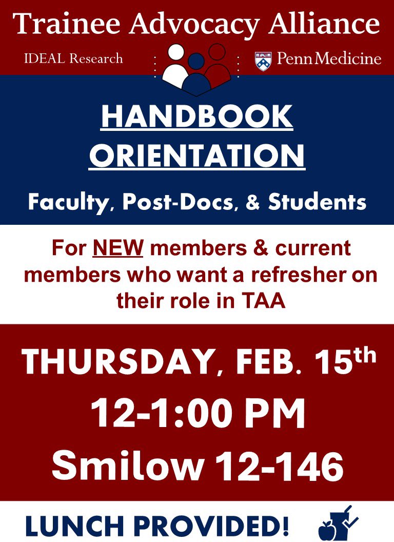 PennMedTAA's tweet photo. Hello everyone! Please join us this Thursday at Noon for our semesterly handbook orientation (LUNCH PROVIDED)! Here we will go through the TAA members handbook which goes into detail how our counseling sessions work. So please join us in Smilow 12-146AB for more information! https://t.co/D0DIAcWJqM