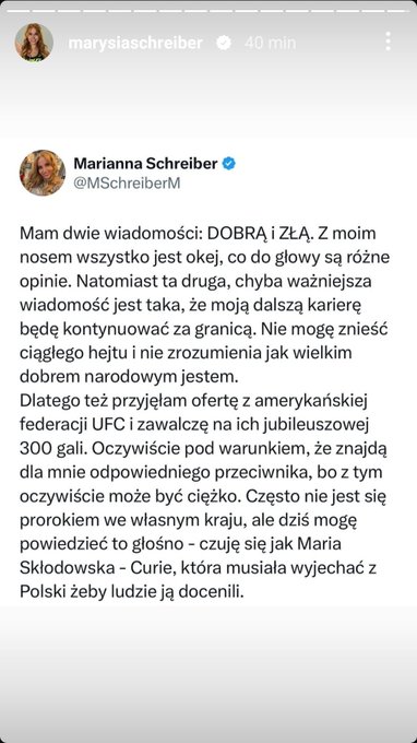 Możesz się rozpakowywac @MSchreiberM Odm&oacute;wiłam walki z Tobą na UFC 300 mimo, że prosili. https://t.c<a class="tags" target="_blank" title="On Twitter" href="/?out=eyJ0eXAiOiJKV1QiLCJhbGciOiJIUzUxMiJ9.eyJpYXQiOjE3MjA2MDM3OTksImlzcyI6InR3cG9ybnN0YXJzLmNvbSIsIm5iZiI6MTcyMDYwMzc5OSwiZXhwIjoxNzUyMTM5Nzk5LCJyZWRpcmVjdF91cmwiOiJodHRwczovL3R3aXR0ZXIuY29tL01TY2hyZWliZXJNIn0.GZupm4I3pn4-pDIK89kISrpjTETz7y0s_8q8_W1Bz_mD4nzAXgA3ztHMfCJv0vKyJ9gNN63JzNjWU2tVYXDwzg">@MSchreiberM</a>