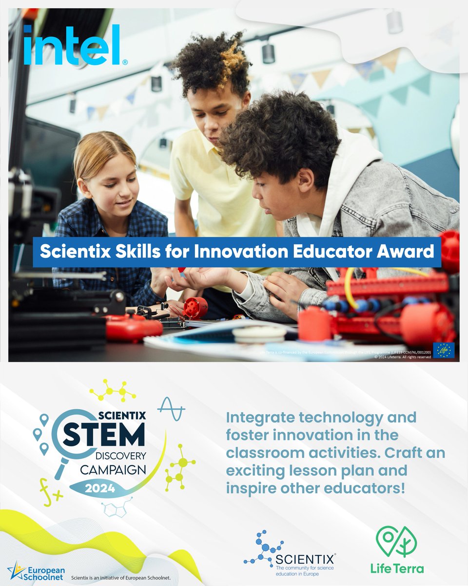 📣 Calling all innovative💡educators! 
🏆 The <a href="/scientix_eu/">Scientix</a>  #IntelSFI Educator Award, supported by <a href="/intel/">Intel</a>, is your chance to shine 🌟
🛠 Craft a dynamic lesson plan across diving into Intel’s SFI Platform resources
✔ Co-organised with <a href="/LIFETerraEurope/">Life Terra</a> 
👉 bit.ly/sdc24-awards