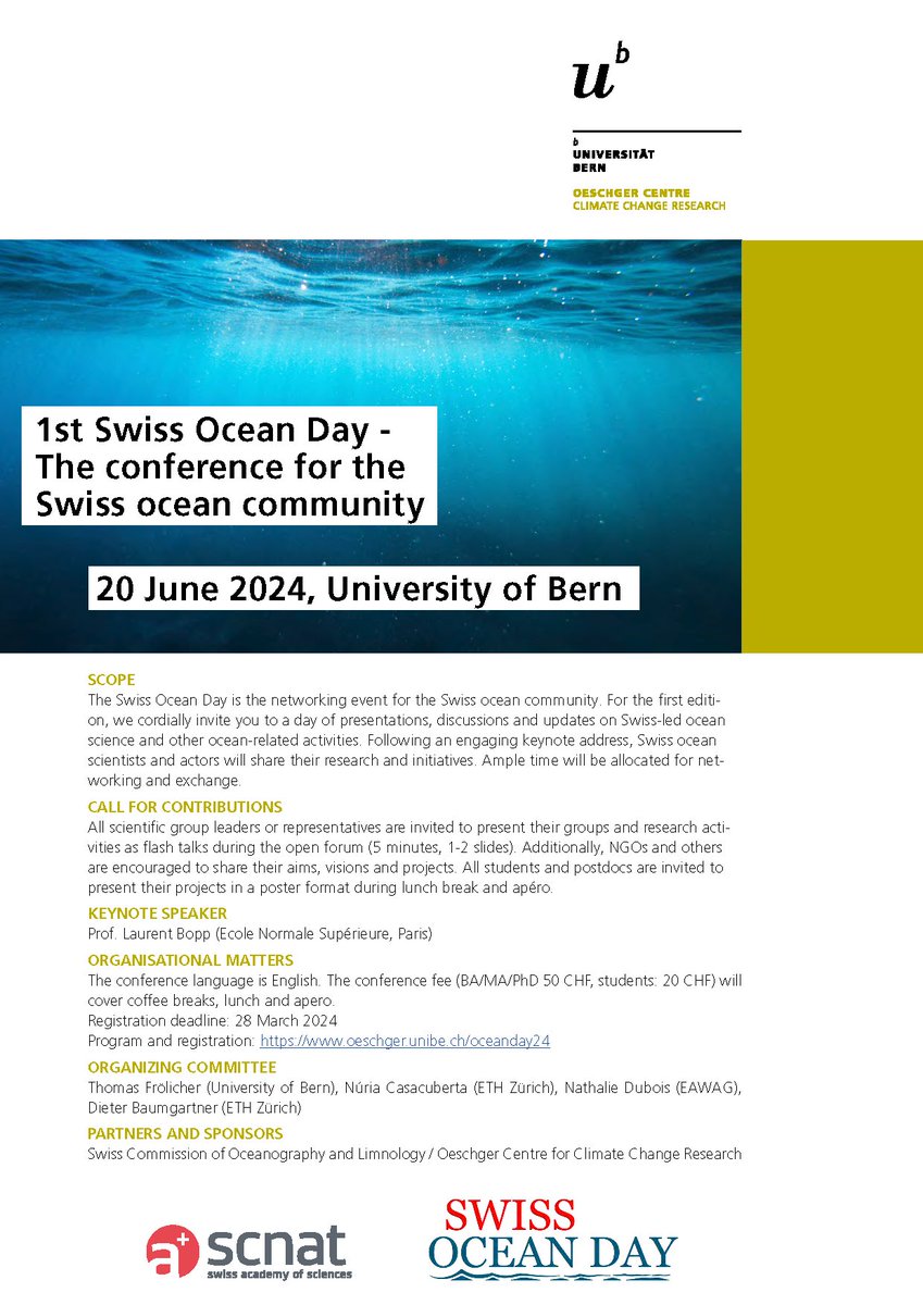🌊 Dive into the inaugural🇨🇭Swiss Ocean Day on June 20, 2024, at the University of Bern! Connect with the Swiss ocean community at this networking event. Registration is now open! Check out the flyer and visit oeschger.unibe.ch/services/event… for details!