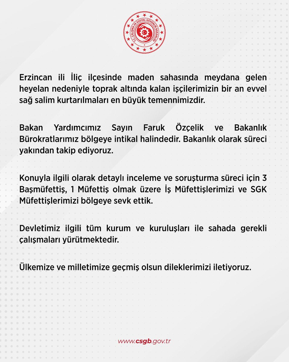 kulisinbaskenti's tweet photo. Çalışma ve Sosyal Güvenlik Bakanlığı, Bakan Yardımcısı Faruk Özçelik ve Bakanlık bürokratlarının bölgeye intikal halinde olduğunu açıkladı. Bakanlığın sosyal medya hesabından yapılan açıklamada şöyle denildi:

"Bakanlık olarak süreci yakından takip ediyoruz. Konuyla ilgili olarak detaylı inceleme ve soruşturma süreci için 3 Başmüfettiş, 1 Müfettiş olmak üzere İş Müfettişlerimizi ve SGK Müfettişlerimizi bölgeye sevk ettik.

Devletimiz ilgili tüm kurum ve kuruluşları ile sahada gerekli çalışmaları yürütmektedir.

Ülkemize ve milletimize geçmiş olsun dileklerimizi iletiyoruz."