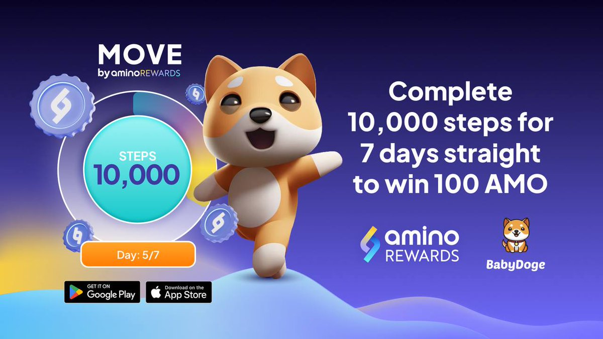 BabyDoge's tweet photo. Our partners at @aminorewards have something special for us!

Download Amino Move on iOS or Android  (https://t.co/kukLlOSyIr) and join the BabyDoge Step Challenge - you can win $AMO & $BABYDOGE along the way! No strings attached. It pays to be healthy!

#BabyDogeArmy members use the code “BABYDOGE100” on the Amino Move app and claim your free 100 $AMO

Download the app to start earning free tokens! https://t.co/kukLlOSyIr