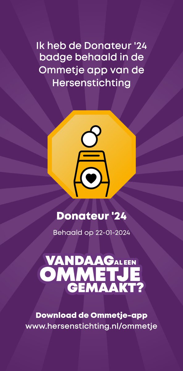 Ik heb de Donateur '24 badge behaald in de Ommetje app van de Hersenstichting