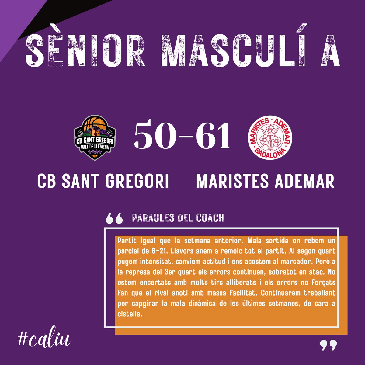 cbsantgregori's tweet image. ✅RESULTATS DEL CAP DE SETMANA✅

Aquesta vegada va sortir creu amb el Sènior Masculí A. Ben lluitat nois!🤝🏼

Seguim!💜🖤

#CBSantGregori #bàsquet #caliu #valldellemena #invertirenelterritori #invertirenelpresent #somlilainegre