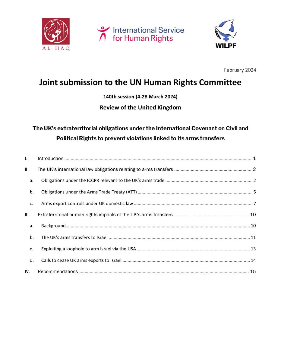 Ahead of the UN Human Rights Committee's review of the United Kingdom, @WILPF, @alhaq_org, and @ISHRglobal wrote a joint submission urging an immediate end to arms transfers to Israel, which violate international law and make the UK complicit in genocide: reachingcriticalwill.org/news/latest-ne…