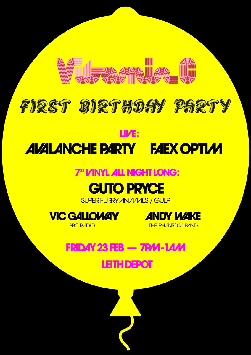 Vic Galloway (@vicgalloway) on Twitter photo 🍋 Happy Birthday VITAMIN C 🍋
TICKETS ALMOST GONE!
<a href="/avalanche_party/">𝖆𝖛𝖆𝖑𝖆𝖓𝖈𝖍𝖊 𝖕𝖆𝖗𝖙𝖞</a> LIVE
<a href="/faexoptim/">faex optim</a> LIVE
<a href="/gutopryce/">Arfon Jones</a> (Super Furry Animals / Gulp) Guest DJ
<a href="/n0b0daddy/">ǝʞɐʍ ʎpuɐ</a> & me - Resident DJs
Only 7" vinyl singles all night
7pm - 1am <a href="/leithdepot/">LEITH DEPOT</a>
Friday 23rd Feb 🍋
Only £10 🍋
eventbrite.co.uk/e/vitamin-c-fi… 🍋 Happy Birthday VITAMIN C 🍋
TICKETS ALMOST GONE!
<a href="/avalanche_party/">𝖆𝖛𝖆𝖑𝖆𝖓𝖈𝖍𝖊 𝖕𝖆𝖗𝖙𝖞</a> LIVE
<a href="/faexoptim/">faex optim</a> LIVE
<a href="/gutopryce/">Arfon Jones</a> (Super Furry Animals / Gulp) Guest DJ
<a href="/n0b0daddy/">ǝʞɐʍ ʎpuɐ</a> & me - Resident DJs
Only 7" vinyl singles all night
7pm - 1am <a href="/leithdepot/">LEITH DEPOT</a>
Friday 23rd Feb 🍋
Only £10 🍋
eventbrite.co.uk/e/vitamin-c-fi…