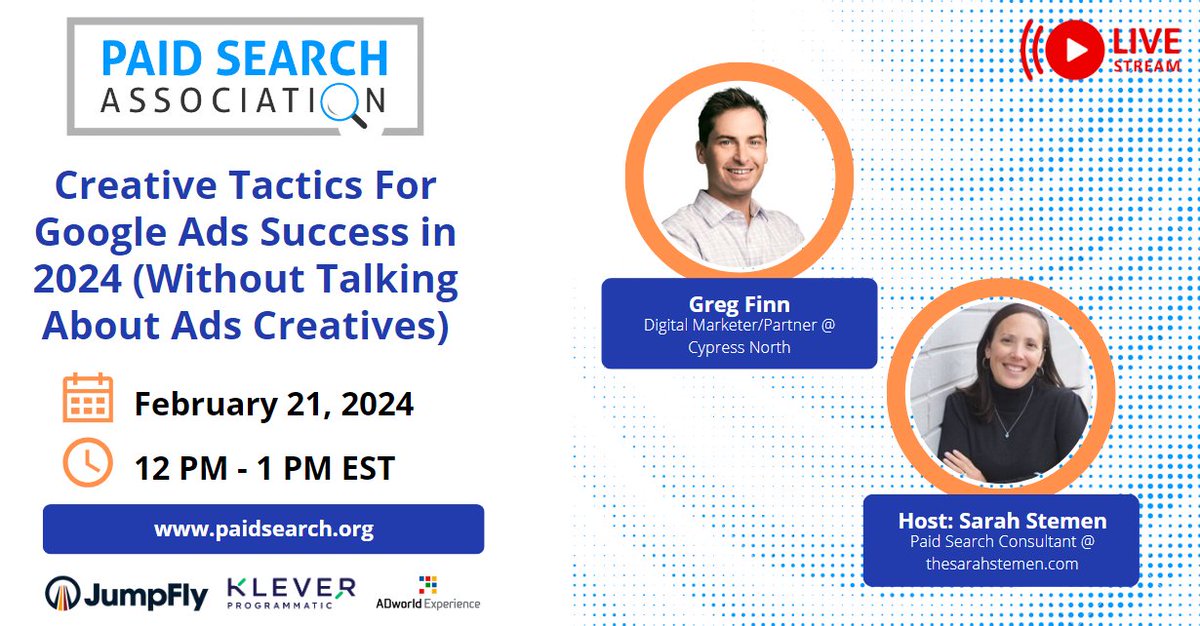 Upcoming Webinar: Explore creative tactics you can use to drive success with @gregfinn, without talking about ad creatives. Date: 2/21/2024, 12pm EST Set a Reminder/Watch Here: youtube.com/watch?v=6WapT5… #ppcchat #paidsearch #googleads #paidmedia #digitalmarketing