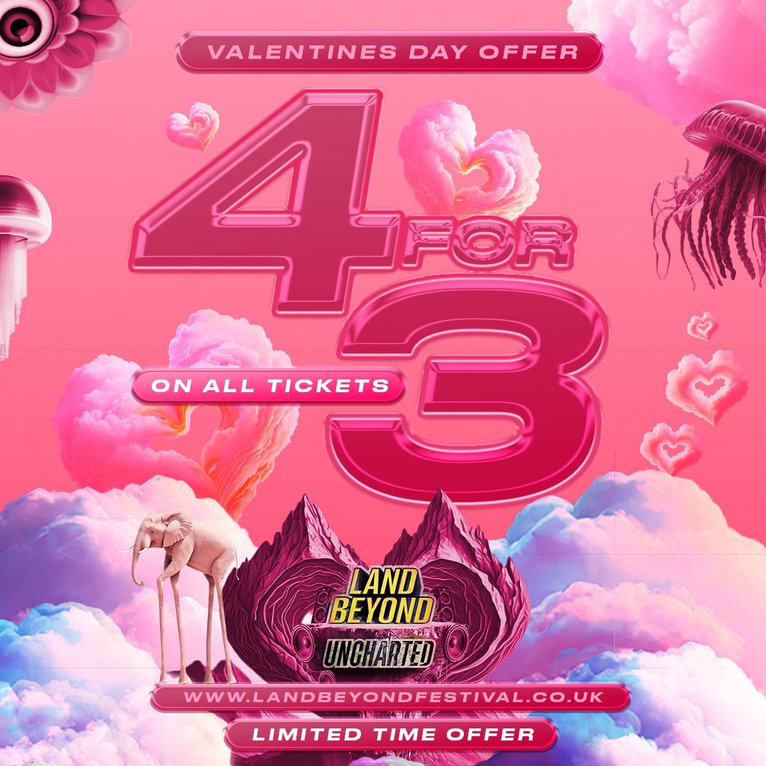 💖 Love is in the Air! 💖

But hurry, lovebirds! 💨

Only 100 tickets are available for EACH day
Only 100 Weekend Tickets to be had
Just 50 Camping Tickets up for grabs 
And only 2 Glamping Tents within easy reach…

🔗 landbeyondfestival.co.uk