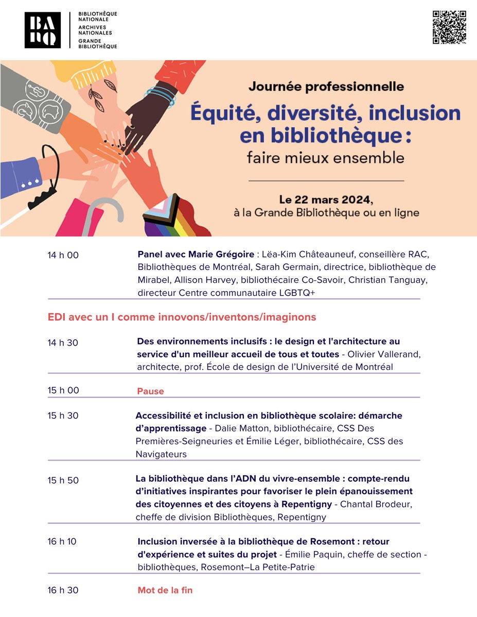 Le programme de la Journée professionnelle BAnQ 2024 est enfin sorti!
Si ce n'est pas déjà fait, voici le lien pour vous inscrire : bit.ly/JP2024_Inscrip…