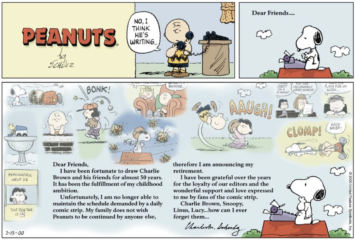 (Feb 13, 2000) The last #Peanuts strip appeared in papers. The syndicated American comic written & illustrated by #CharlesSchulz was the most popular and influential in the history with 17,897 strips published making it the longest story ever told by one person.