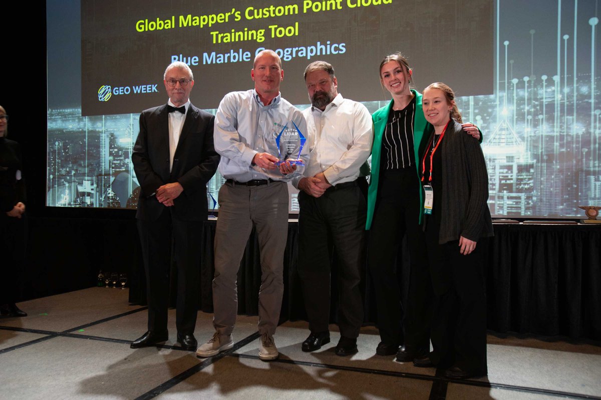 BlueMarbleGeo's tweet photo. Yesterday, our team accepted the 2024 Lidar Leader Award for Outstanding Innovation in Lidar from Geo Week and LIDAR Magazine! Blue Marble Geographics was awarded for developing groundbreaking new functionality for training custom automatic point cloud classifications. https://t.co/X6zzs0w0HI
