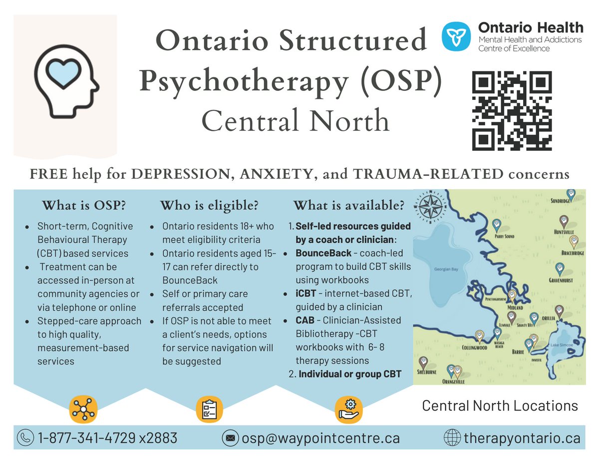 Do you know about the Ontario Structured Psychotherapy Program (OSP)? • OSP is publically funded • OSP accepts self or clinician/physician referrals • Wait times are under 40 days from request to start of service • OSP is evidence based and effective cmhastarttalking.ca/ontario-struct…