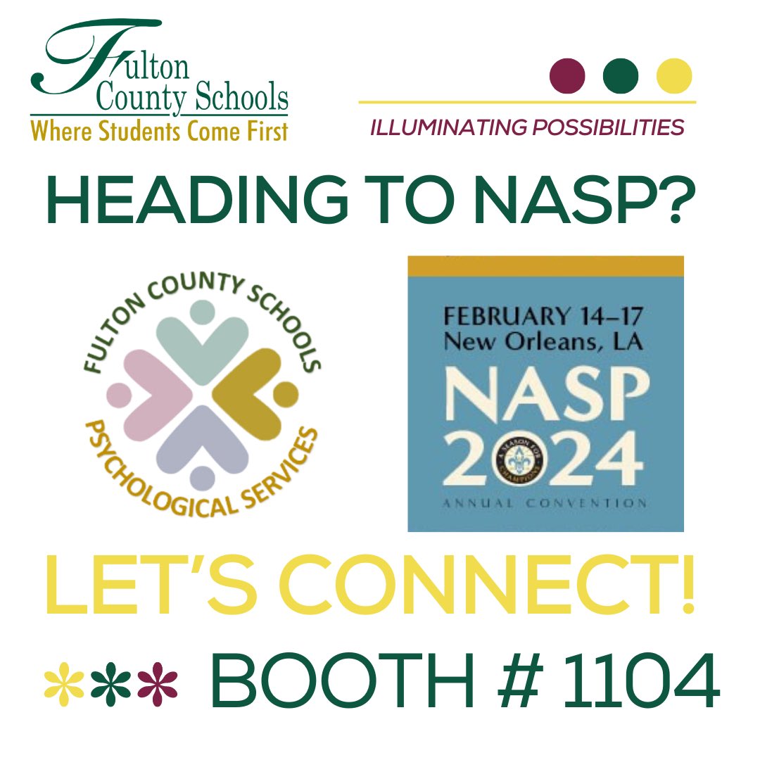 KimThePsych's tweet photo. The @FCSSchoolPsychs team is ECSTATIC to be in NOLA for the 2024 NASP conference! Come say hello and find out #WhyFulton at booth 1104! @FultonCoSchools https://t.co/p94jpV73O7