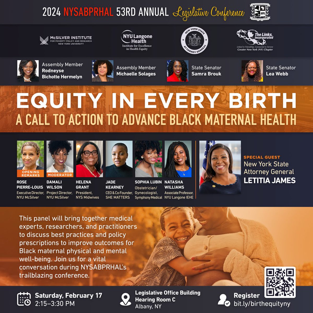 Hear from @NewYorkStateAG, @SolagesNY, @SenatorBrouk, @SenatorLeaWebb, @rplnyc and @MatriarchMidwif, plus experts from @nyugsom_iehe, @nyumcsilver, @shemattersio and more, about Black maternal health. Register for Equity in Every Birth at @nysabprlinc: bit.ly/birthequityny