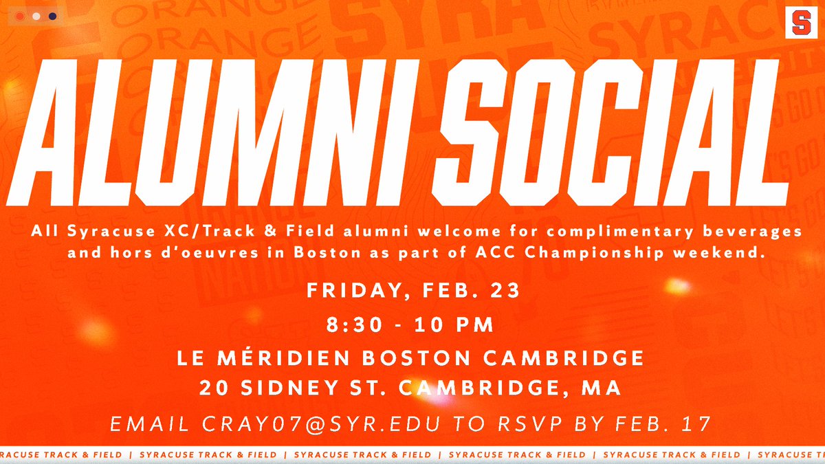 CuseXCTF's tweet image. Calling all alumni‼️

Will you be in the Boston area during ACC Indoor Championships? We want to see you! Join us Friday after the meet for complimentary beverages and hors d'oeuvres. Event and RSVP info below: