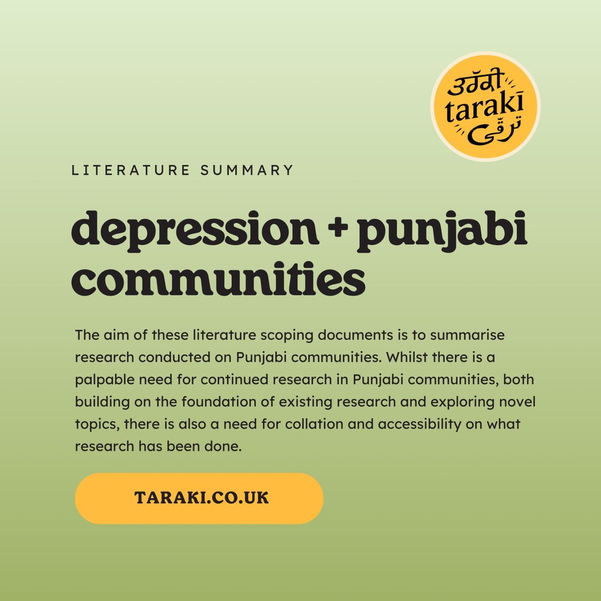 check out our newest report! a literature summary focusing on depression + punjabi communities, authored by our research officer, gurmukh singh. to access the full report, follow the link below! taraki.co.uk/knowledge-hub/… ☀️