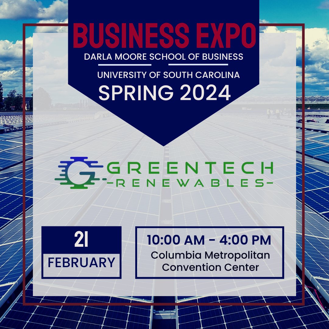 Greentech_SC's tweet photo. Attention Gamecocks! Greentech Renewables will be at the Darla Moore School of Business Spring Expo. We are hiring for interns and full time sales positions. Stop by our table next Wed!

#BusinessExpo #Recruiting #Sales #Internships #Solar #CareerFair #SouthCarolina #Gamecocks https://t.co/NoRhDjLQZ8
