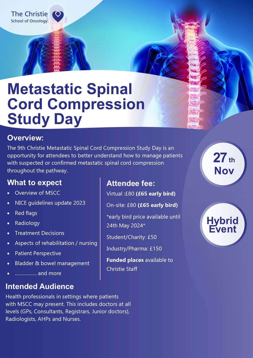 CICEManchester's tweet photo. 📢New event alert, Join us for our Metastatic Spinal Cord Compression Study Day. Grab your early bird tickets today !

💻Hybrid Event 
📅Wednesday 27th November
🎫Grab your early bird tickets today :https://t.co/dni53PEONT

#MSCC2024  #SpinalCordStudy  #SpinalCordHealth https://t.co/Cya0XGnAOp