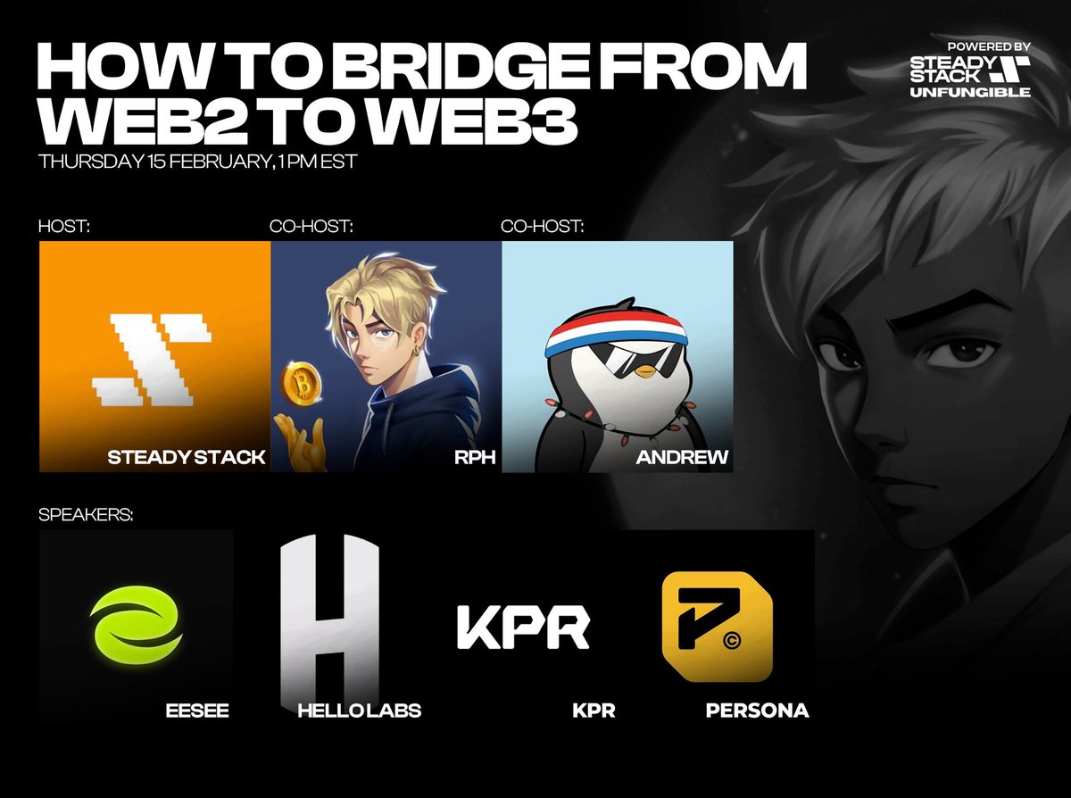 RT to win S2 Merch 👀

Join us on Thursday as we dive into how to bridge from web2 to web3!

🗓️Feb 15, 1pm EST

👇Joined by these amazing guests:

💎<a href="/eesee_io/">eesee.io</a>
💎<a href="/thehellolabs/">HELLO Labs</a>
💎@TheAndrewForte
💎<a href="/KPRVERSE/">KPR</a>
💎<a href="/Persona_Journey/">Persona</a> 
💎@OxHustlepedia
💎<a href="/zanshake/">Xan 🏆</a> 
💎<a href="/RichVMAX/">Rich🏠</a>