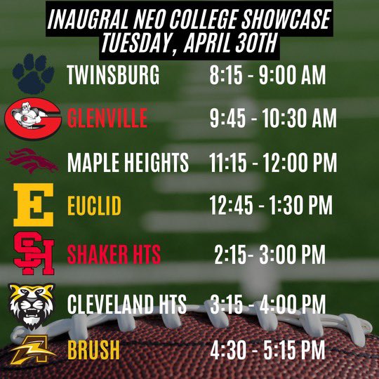 👀 for talent….42 schools are committed to NEO on Tuesday, April 30th to look for talent….Coaches DM me @CoachCreel for interest….@ShakerRaidersFB @MacStephens @kahari_hicks @TarblooderFB @saulter_charles @EUCFOOTBALL @BHSArcsFootball @CoachShaqWash