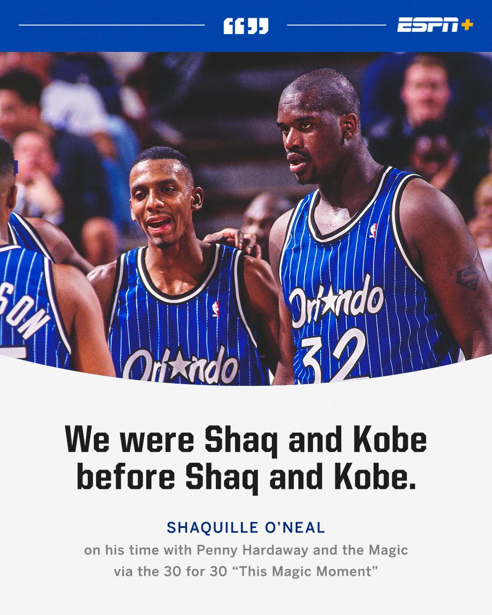 Shaq’s No. 32 jersey will be retired by the Magic on Tuesday. He and Penny Hardaway were one of the most captivating shows in the NBA, both on and off the court. Stream “This Magic Moment” on @ESPNPlus 🍿