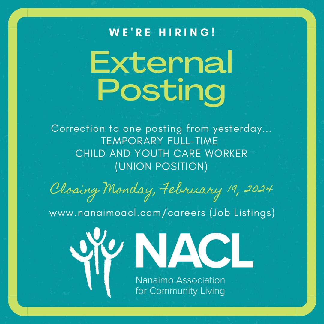 🚨POSTINGS ALERT🚨 We have a correction to one of the full-time postings from yesterday - it was meant to be TEMPORARY rather than permanent. Sorry for any confusion! For all details and/or to apply, check out nanaimoacl.com/careers! 😍👍 #NACLCareers #WorkWithUs #JoinOurTeam