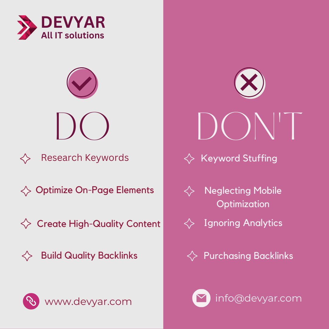 DevyarSoftware's tweet image. 🚀 Mastering SEO: The Do&apos;s and Don&apos;ts for Success!

We&apos;ve curated a list of essential &quot;Do&apos;s and Don&apos;ts&quot; to help you skyrocket your website&apos;s visibility and rankings.

#Devyar #softwaredevelopment #softwareengineer #allitsolution #websitedevelopment #DevyarIT