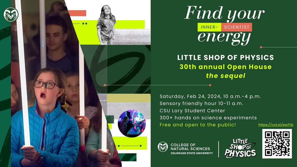 Little Shop of Physics' 30th annual Open House is coming up soon!! 🕐 Saturday Feb. 24, 10 a.m. - 4 p.m, sensory friendly hour from 10 - 11 📍@ColoradoStateU Lory Student Center 3rd floor 🧍Free and open to the public 🧪 300+ hands on science experiments col.st/ew1Yb